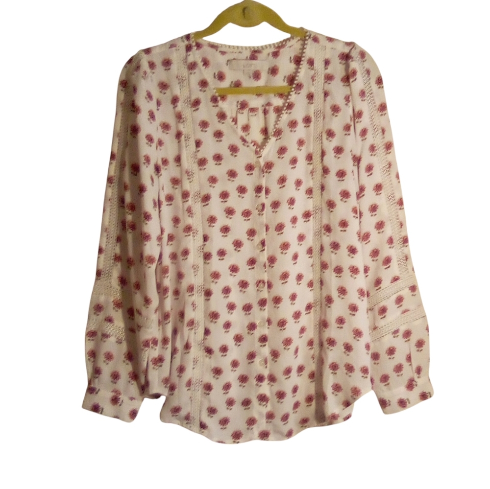 LOFT Boho pink Floral Georgette Lace Detail V Neck Button Up Blouse Medium White